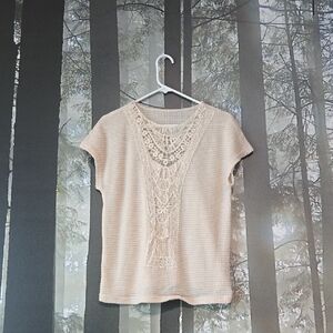 SHEIN Cream Crochet-Panel Short Sleeve Knit Top